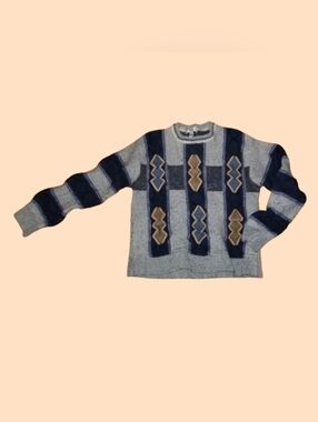 Men's Geometric Pattern Crewneck Sweater - Blue & Gray